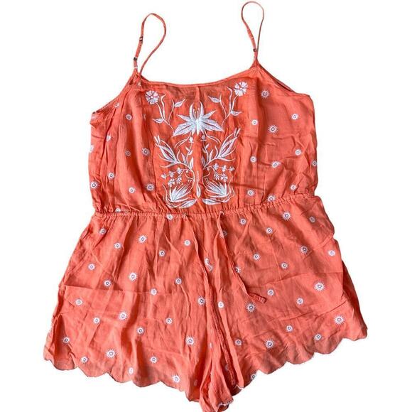 anthropologie coral Orange strappy romper embroidered boho scalloped hem small - Picture 1 of 11